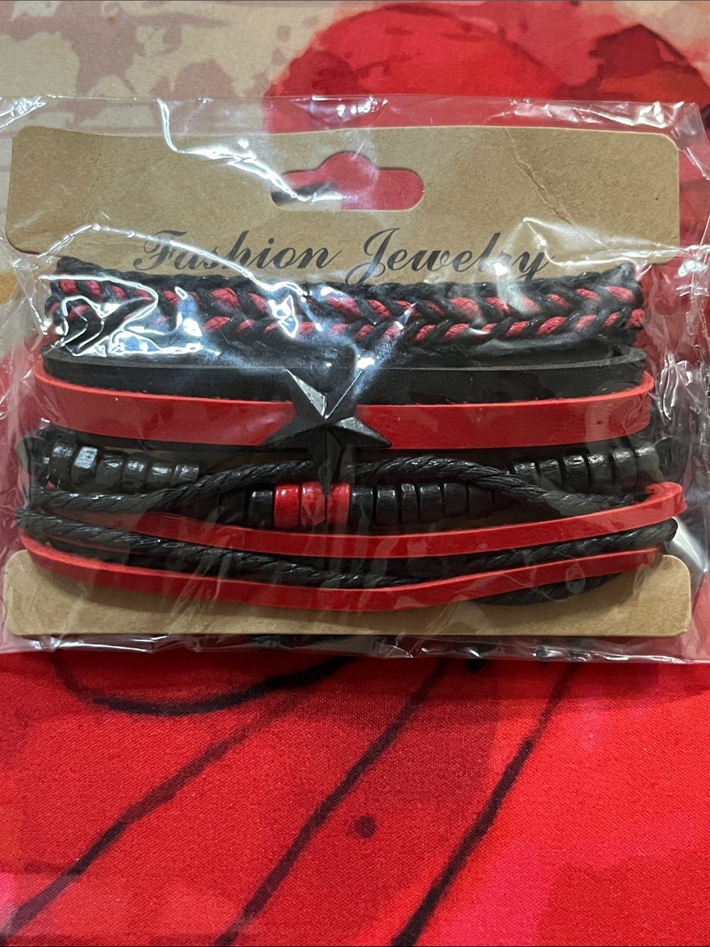 Fashion Jewelry Red and Black Men's Multi-Strand Star Bracelet Set